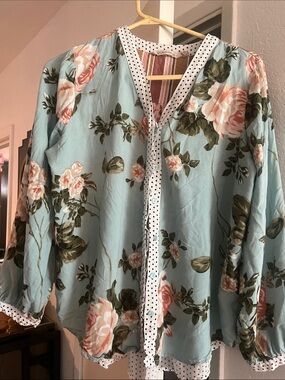 Soft Surroundings Sky Blue Floral Button-Down Blouse with Pink Roses western